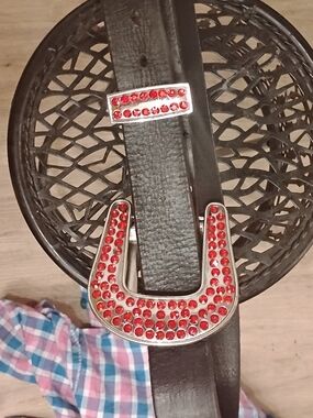 Mens Black Leather Belt with Red Crystal Horseshoe Buckle